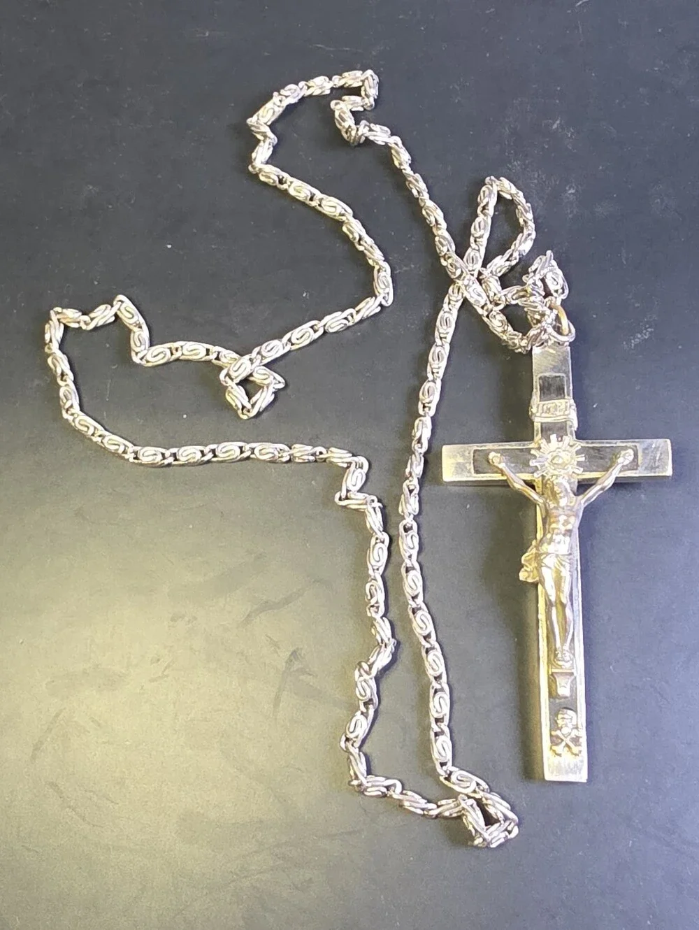 Vintage Catholic Nun's Or Priests Crucifix Featuring An Ebony Wood Inlay